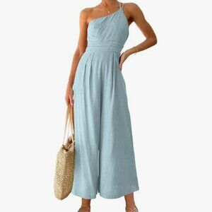 ANRABESS Women's Summer Straps One Shoulder High Waist Wide Leg Linen Jumpsuit